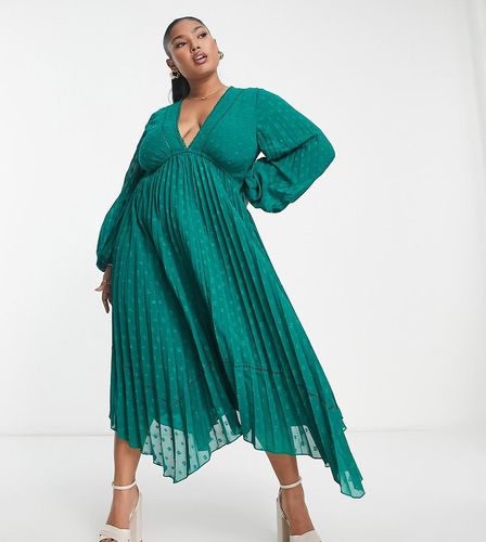 ASOS DESIGN Curve - Robe plissée mi-longue en plumetis avec col V et bordures travaillées - forêt - Asos Curve - Modalova