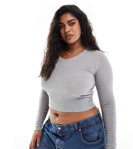 ASOS DESIGN Curve - Top à manches longues et petit col en V en maille gaufrée - chiné - Asos Curve - Modalova