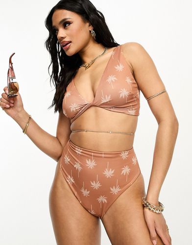 Bas de bikini taille haute échancré à imprimé palmier - Marron - Asos Design - Modalova