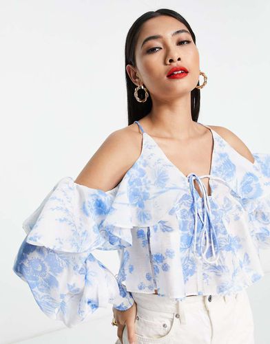 Blouse à fleurs avec lacets et volants - Bleu - Asos Design - Modalova