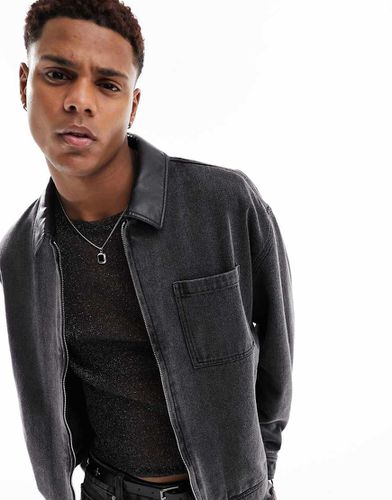 Blouson Harrington oversize en denim avec col en PU - délavé - Asos Design - Modalova