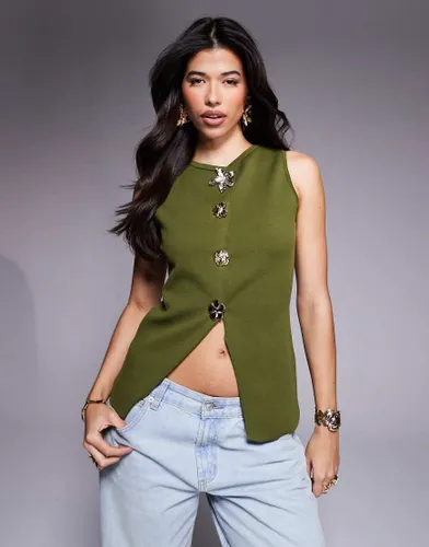 Gilet de tailleur en maille avec boutons fleurs - Olive - Asos Design - Modalova