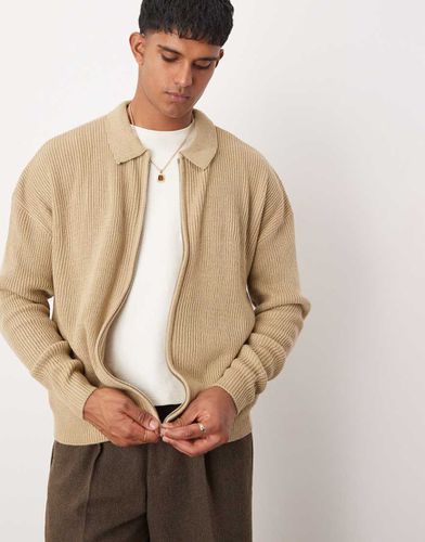 Gilet zippé oversize en maille côtelée avec col - Taupe - Asos Design - Modalova