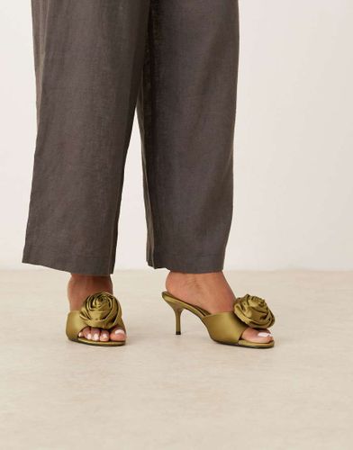Hush - Mules satines  talon mi-haute et dtail fleur - Olive - Asos Design - Modalova