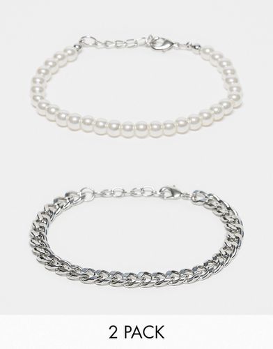 Lot de 2 bracelets à chaîne et perles fantaisie 6 mm - Argenté - Asos Design - Modalova