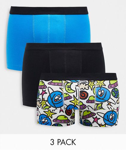 Lot de 3 boxers en coton mélangé à imprimé bande dessinée motif espace - Bleu - Asos Design - Modalova