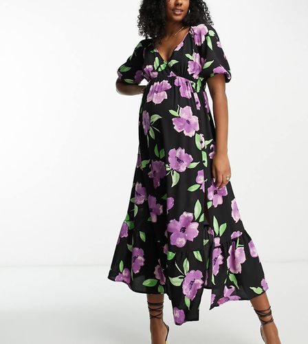 ASOS DESIGN Maternity - Robe mi-longue à fleurs avec corsage cache-caur boutonné et jupe avec ourlet à basque - Violet - Asos Maternity - Modalova