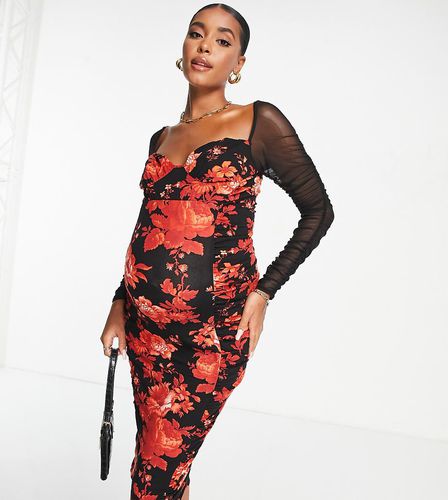 ASOS DESIGN Maternity - Robe mi-longue froncée en tulle à manches longues et imprimé fleurs - Rouge - Asos Maternity - Modalova