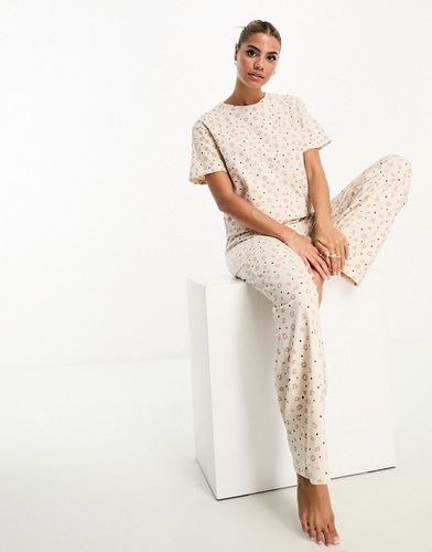 Mix & Match - T-shirt de pyjama à petites fleurs et imprimé animal - Crème - Asos Design - Modalova