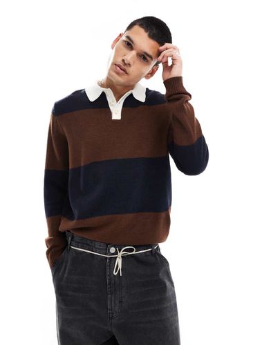 Polo de rugby rayé en maille côtelée - Marron et bleu marine - Asos Design - Modalova