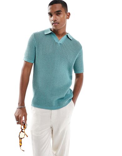 Polo en maille pointelle légère avec col à encoche - Sarcelle - Asos Design - Modalova