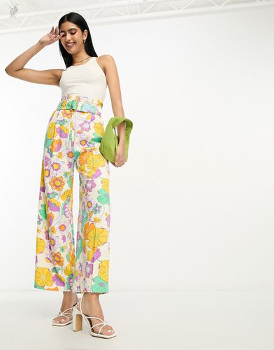 Pantalon large oversize en lin mélangé à imprimé fleurs avec taille haute froncée - Asos Design - Modalova