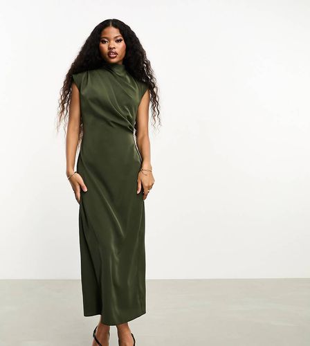 ASOS DESIGN Petite - Robe mi-longue sans manches à col montant et encolure drapée - Kaki - Asos Petite - Modalova