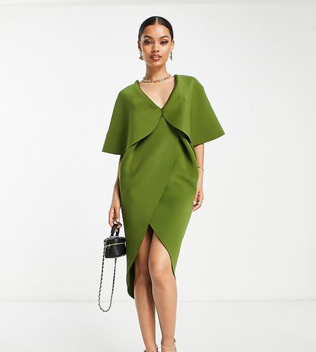 ASOS DESIGN Petite - Robe portefeuille mi-longue à plis et détail cape - Olive - Asos Petite - Modalova