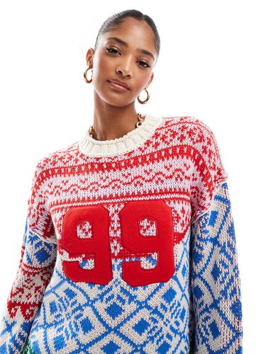 Pull en maille intarsia effet patchwork - Bleu et rouge - Asos Design - Modalova