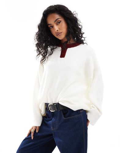 Pull en maille oversize à col tunisien et patte de boutonnage contrastée - Crème - Asos Design - Modalova