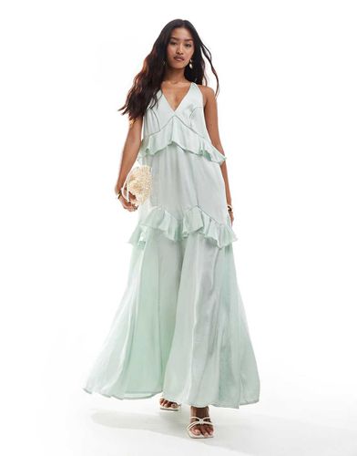 Robe volantée mi-longue en satin avec encolure dégagée et bretelles croisées dans le dos - sauge - Asos Design - Modalova