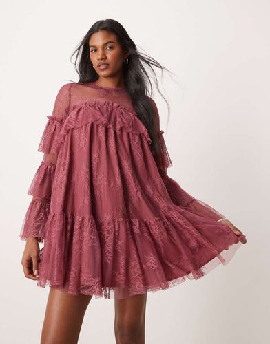 Robe babydoll courte en dentelle avec manches à volants - Baie - Asos Design - Modalova