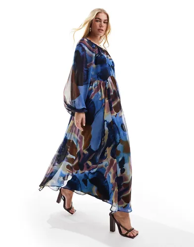 Robe babydoll longue en mousseline imprimé abstrait avec taille festonnée - Violet - Asos Design - Modalova