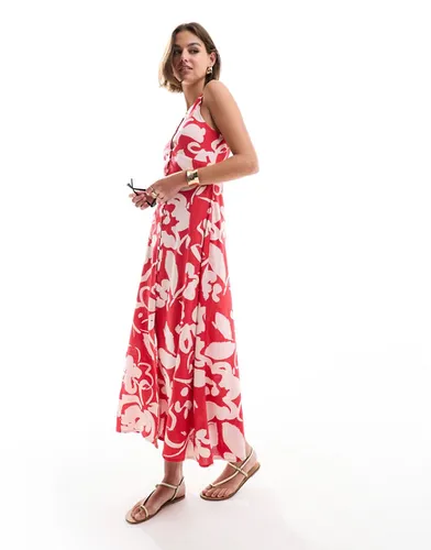 Robe boutonnée mi-longue en lin imprimé abstrait avec jupe fluide - Asos Design - Modalova
