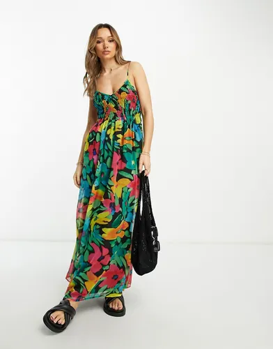 Robe caraco mi-longue froncée et douce à imprimé fleurs flou - Asos Design - Modalova