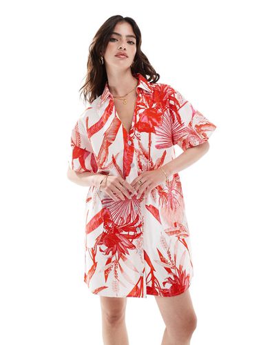 Robe chemise courte en lin à manches courtes coupe carrée à imprimé tropical - Rouge - Asos Design - Modalova
