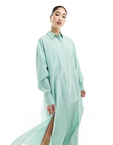 Robe chemise longue à rayures avec deux fentes hautes - Vert et blanc - Asos Design - Modalova
