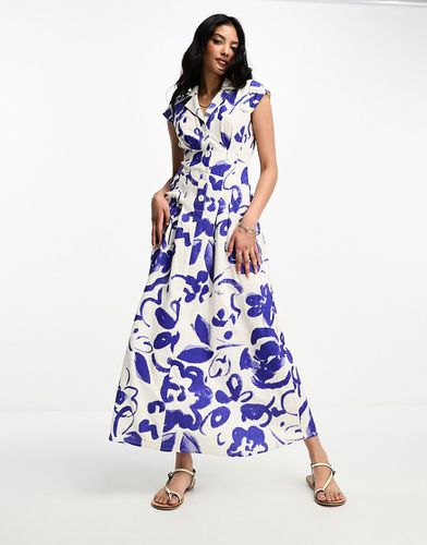 Robe chemise longue en lin à imprimé fleuri abstrait avec mancherons et plis nervurés - Bleu - Asos Design - Modalova