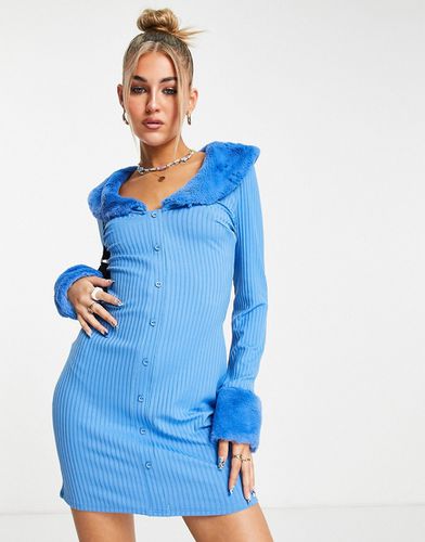 Robe courte côtelée à bordures en fausse fourrure - Bleu vif - Asos Design - Modalova