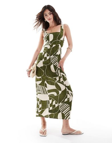 Robe d'été mi-longue en lin à imprimé abstrait avec encolure carrée et liens à nouer au dos - Vert - Asos Design - Modalova
