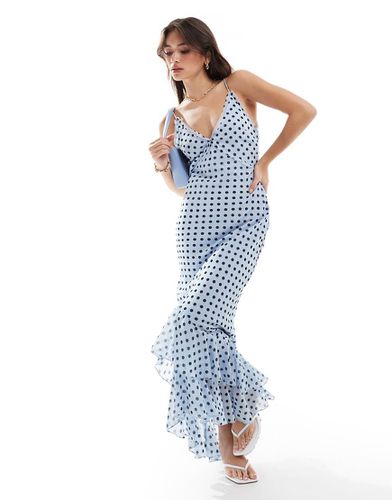 Robe longue col V à pois avec bretelles croisées dans le dos et bords effilochés - Bleu - Asos Design - Modalova