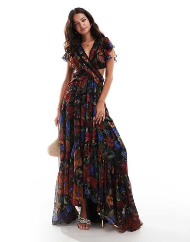 Robe longue cache-caur à manches évasées et bords en dentelle - Noir fleuri - Asos Design - Modalova