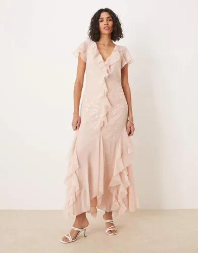 Robe longue  volants et manches ange avec broderies - sombre - Asos Design - Modalova