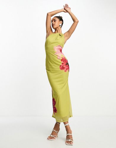 Robe longue à col montant asymétrique et imprimé fleuri placé - Olive - Asos Design - Modalova