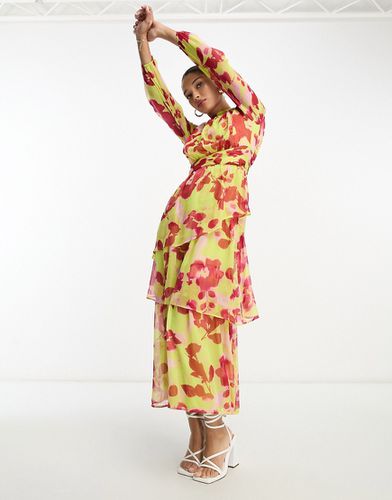 Robe longue à col montant et taille froncée - Imprimé fleurs rose - Asos Design - Modalova