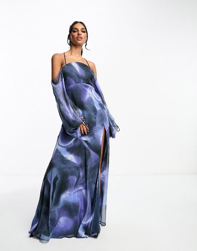 Robe longue à encolure ondoyante avec dos nu et épaules nues - Imprimé flouté bleu marine - Asos Design - Modalova