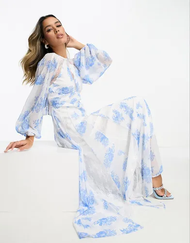 Robe longue à fleurs avec empiècement en dentelle et godet - Bleu - Asos Design - Modalova