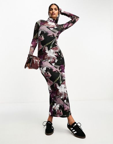 Robe longue à imprimé fleurs avec col montant en tulle - Violet - Asos Design - Modalova