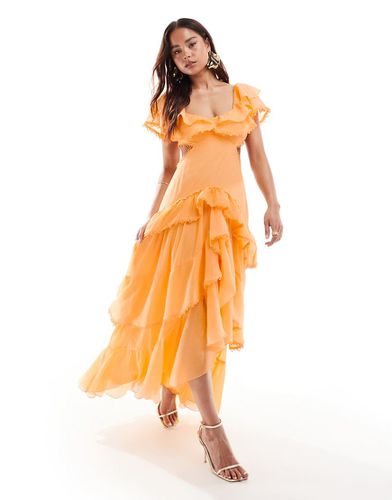 Robe longue à manches évasées et jupe à volants avec bords en dentelle - doux - Asos Design - Modalova