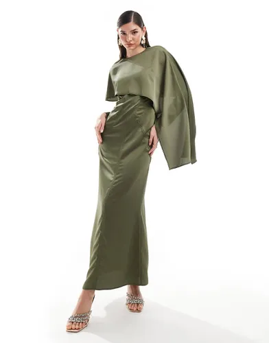 Robe longue avec superposition et surpiqûres en satin - Kaki - Asos Design - Modalova