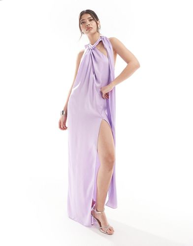 Robe longue dos nu en satin à encolure croisée et détail drapé - Lavande - Asos Design - Modalova