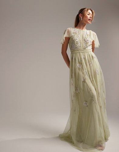 Robe longue de demoiselle d'honneur à manches évasées ornée de perles et de broderies florales - sauge - Asos Design - Modalova