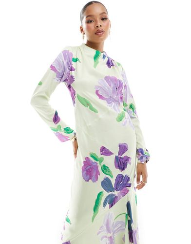 Robe longue satinée à col montant avec surpiqûres et imprimé fleurs - Asos Design - Modalova