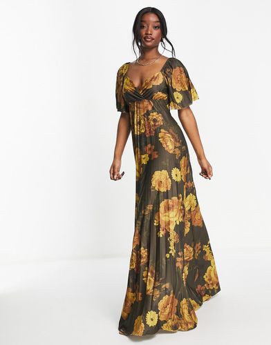 Robe longue plissée à fleurs avec mancherons et dos torsadé - Moutarde - Asos Design - Modalova