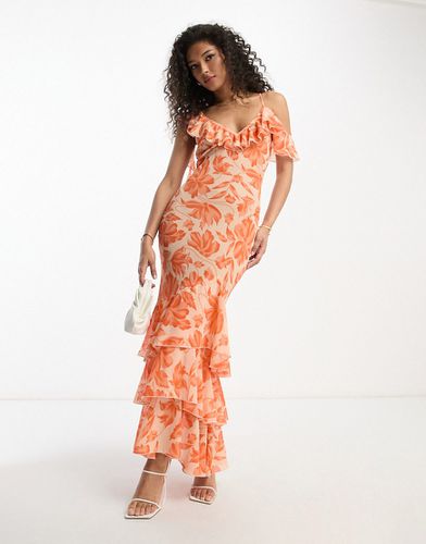 Robe longue transparente avec épaules à volants et ourlet asymétrique - Jacquard fleuri orange - Asos Design - Modalova