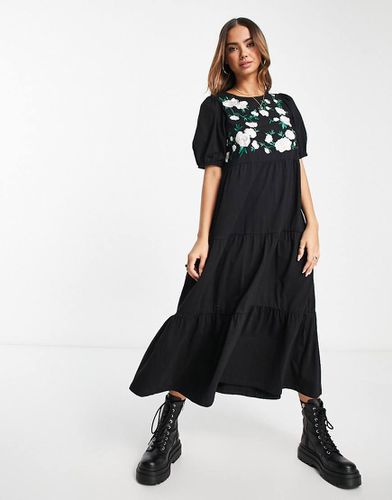 Robe mi-longue à volants et manches bouffantes avec broderies fleurs - Asos Design - Modalova