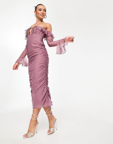 Robe mi-longue à encolure bardot et détail corset avec jupe froncée - Mauve - Asos Design - Modalova