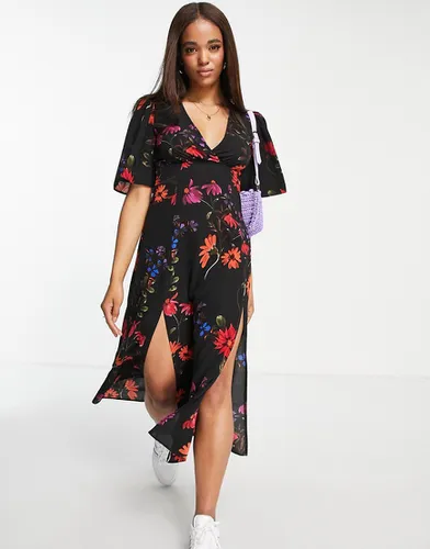Robe mi-longue à manches ange et imprimé floral - Noir - Asos Design - Modalova