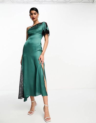 Robe mi-longue asymétrique en satin à fente et dentelle contrastante - foncé - Asos Design - Modalova