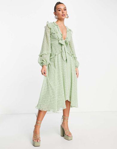 Robe mi-longue en satin avec détails plissés, motif jacquard à pois et liens à nouer - Sauge - Asos Design - Modalova